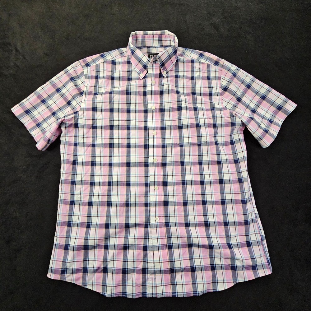 Jos A Bank Traveler Pink Plaid Tailored Fit Cotton Button-Up Shirt Men's L